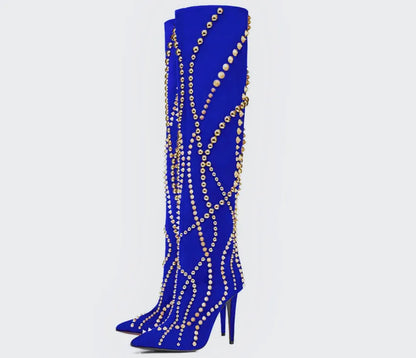 New European and American Women's Slim High Heels, Pointed Rivets, Knee Length Boots, Fashionable Party Oversized Mid Size Boots