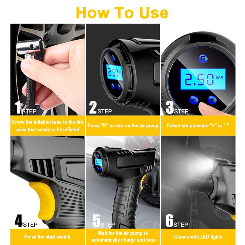EAFC 120W Handheld Air Compressor Wireless/Wired Inflatable Pump Portable Air Pump Tire Inflator Digital for Car Bicycle Balls