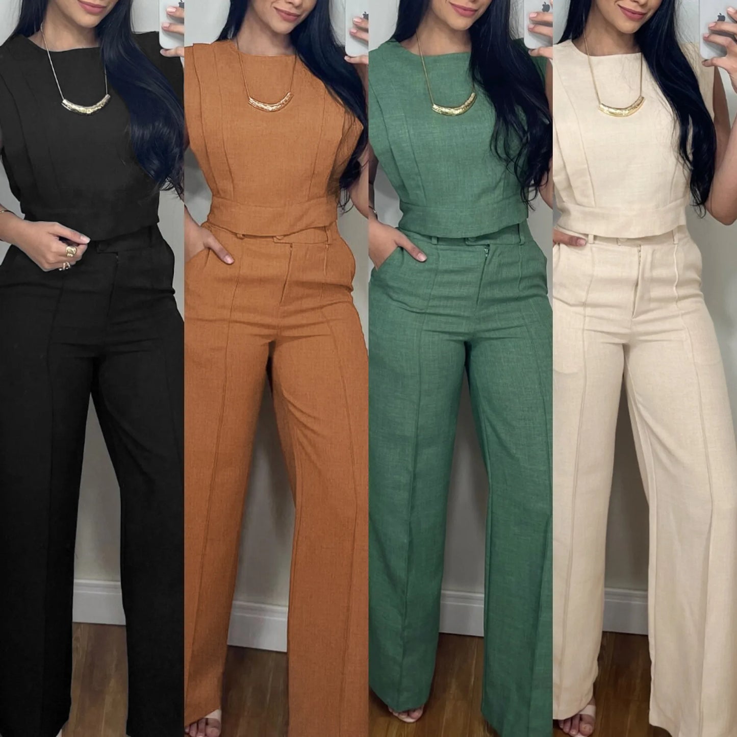 2026 Casual Solid Color Commuting Suit Spring And Summer New Fashion Sleeveless Loose Top With Straight Trousers Two-piece Set