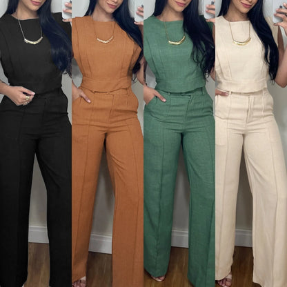 2026 Casual Solid Color Commuting Suit Spring And Summer New Fashion Sleeveless Loose Top With Straight Trousers Two-piece Set