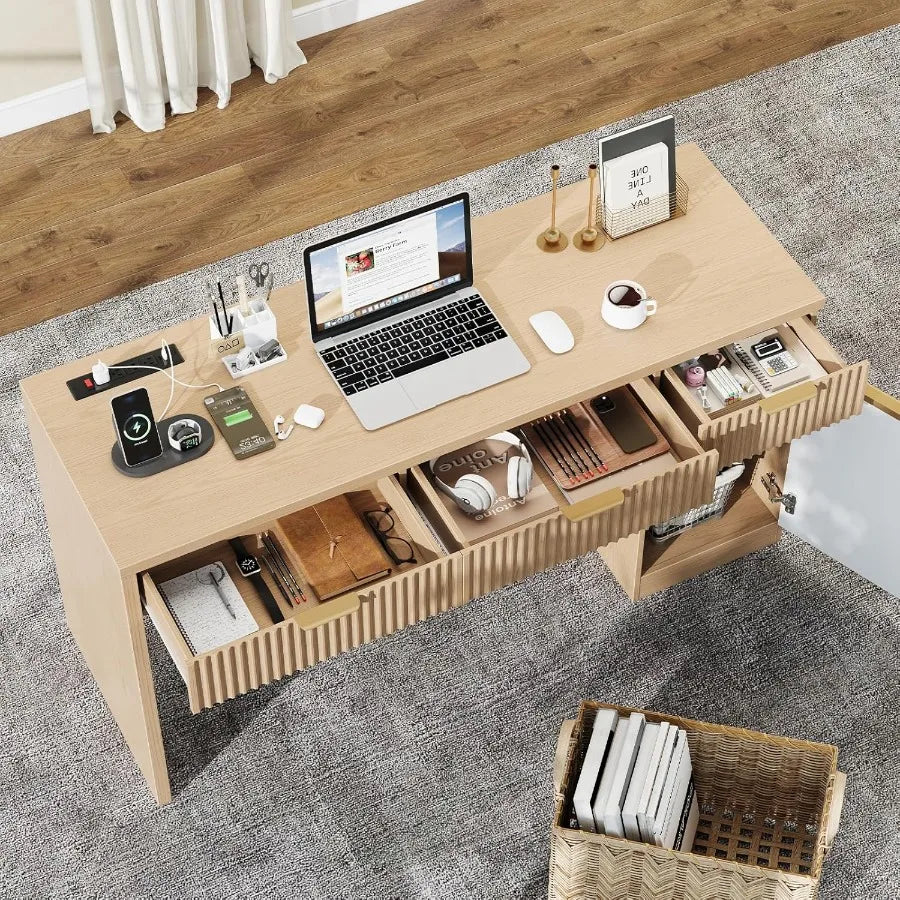 60 Executive Desk with Fluted Drawers Wood Home Office Desk with Storage Cabinet Charging Station Fluted Computer Writing Desk