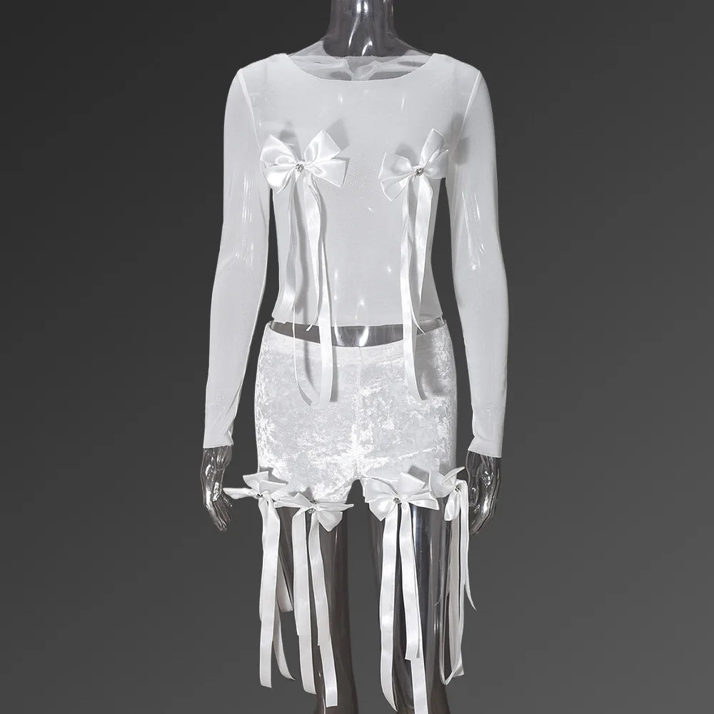 White 3D Bowknot Tassel Sexy Sheer Mesh Women Two Piece Short Sets 2026 Summer Fashion Long Sleeve Tshirt and Mini Shorts Outfit