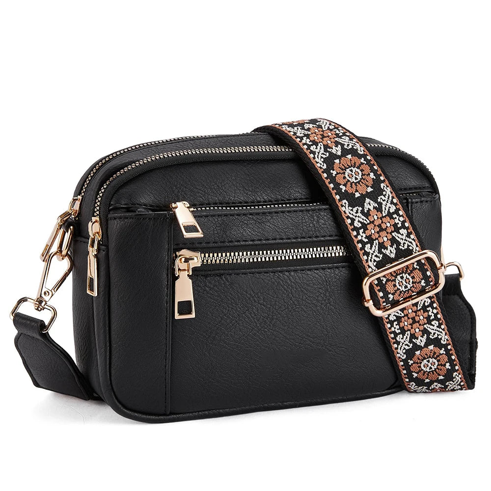 Stylish Wide Strap Shoulder Bag Women's Multiple Pockets Faux Leather Crossbody Bags Adjustable Strap  Travel Handbag Purse