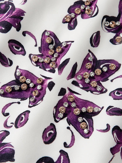 Women Purple Blue and White Porcelain Print Dress Beaded Short Sleeve Loose Straight Summer Casual Midi Dress 2026