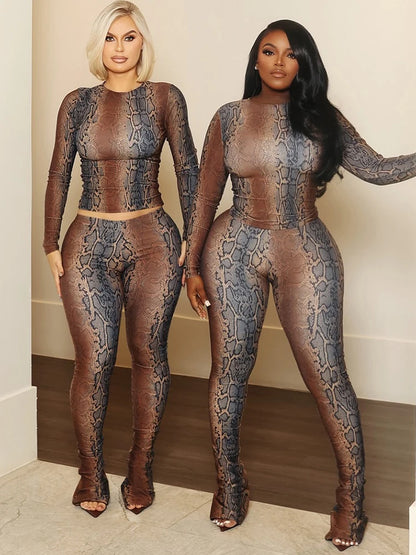 Kliou Serpentine Print 2 Piece Set Woman o-Neck Full Sleeve Tops+Skinny Peach Hip Long Pants Hot Girls Street Sexy Fashion Suits