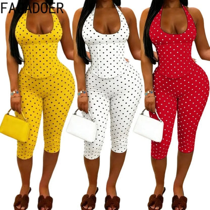 FAGADOER Sexy Polka Dot Print Bodycon Jumpsuits Woman Halter Deep V-neck Backless Rompers Female Streetwear Overalls 2026 New