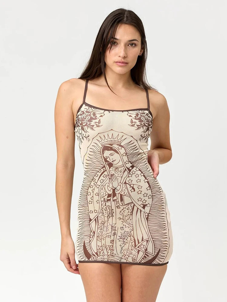 Whatiwear Chic Dress Women Elasticity Art Print Low-Neck See Through Skinny Sexy Midnight Summer New Trend Hottie Mini Bodycon