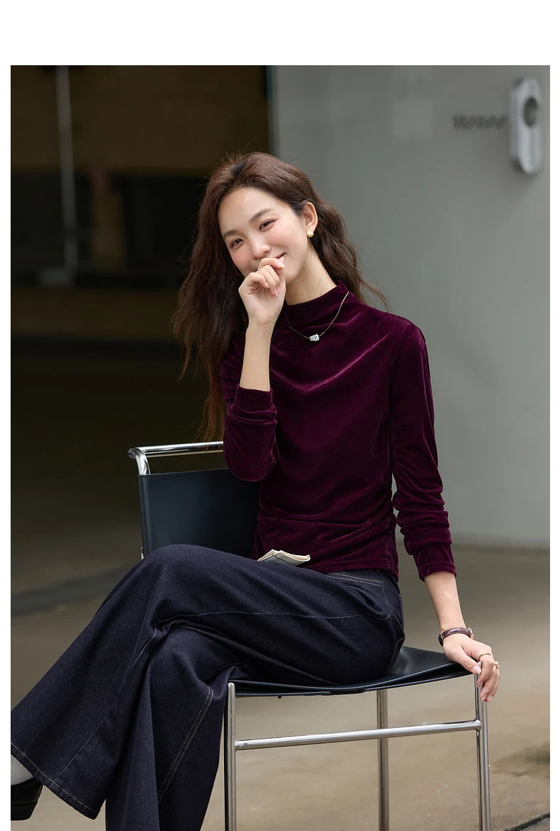 VIMLY Women's Red Velvet T-shirt Casual Knitted Slim Fit Tops Winter 2026 Vintage Mock Neck Folds Long Sleeve Ladies Tees A3305