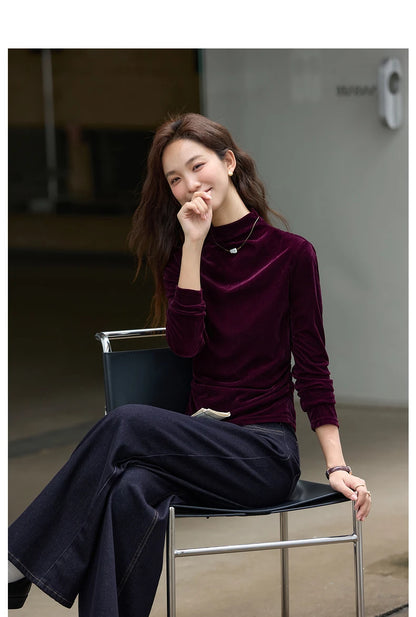 VIMLY Women's Red Velvet T-shirt Casual Knitted Slim Fit Tops Winter 2026 Vintage Mock Neck Folds Long Sleeve Ladies Tees A3305