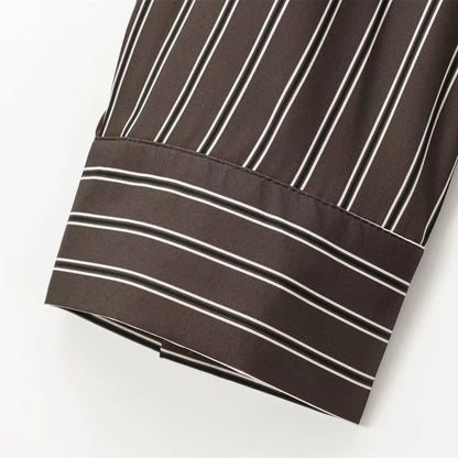 EDSA Women Brown Batwing Stripe Shirt Long Sleeves with Cuffs Patch Pockets Button-up Front for Office Lady Blouse