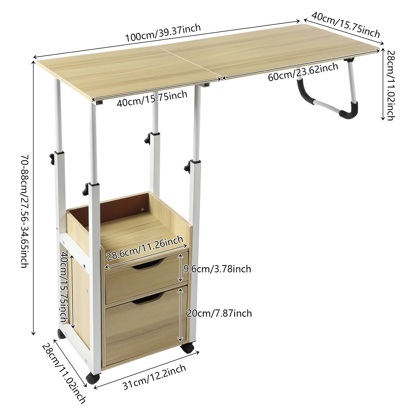 Foldable Laptop Desk with Wheels Height Adjustable Bedside Computer Table Portable Bedroom Office Table