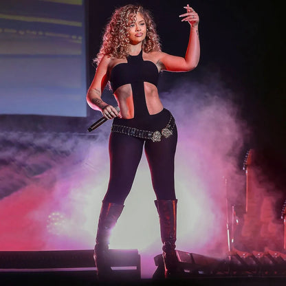 Women Sexy Black Cross Lace Up Halter Backless Skinny Jumpsuits Strapless Hollow Out Slim Night Club One Piece Overalls Rompers