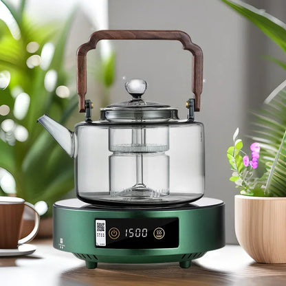 JUSTINLAU 1.3L Glass Teapot Integrated Steaming&Boiling Kettle with Thickened Filter&Wooden Handle Household Kung Fu Tea Set
