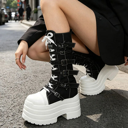 2026 Winter Punk Women Platform Knee High Boots Canvas Patchwork Lace-up Multi Metal Buckle Straps Chunky Heel Motorcycle Boots