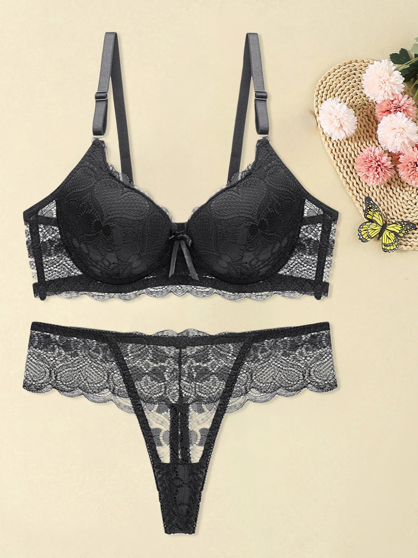 Women s Floral Lace Lingerie Set Sheer Mesh Seductive Babydoll Push up Bra and Panty 2 Pcs Set with Garter Belt