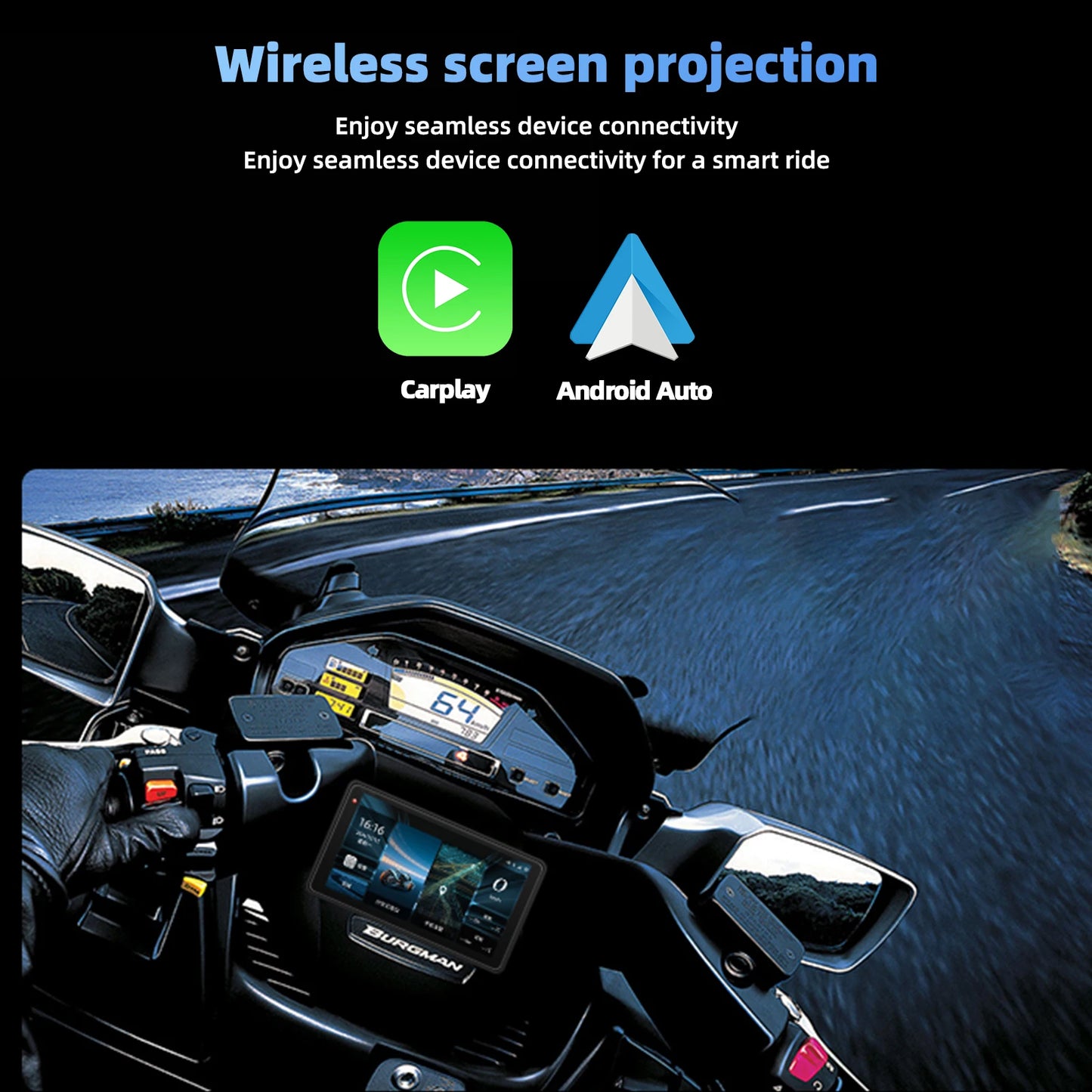 Motorcycle GPS Navigation Screen with 1080P Dash Cam Front and Rear 5in IP68 Waterproof Touchscreen Bluetooth Audio Receiver