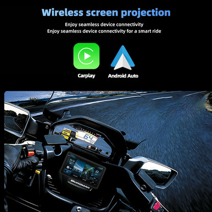 Motorcycle GPS Navigation Screen with 1080P Dash Cam Front and Rear 5in IP68 Waterproof Touchscreen Bluetooth Audio Receiver
