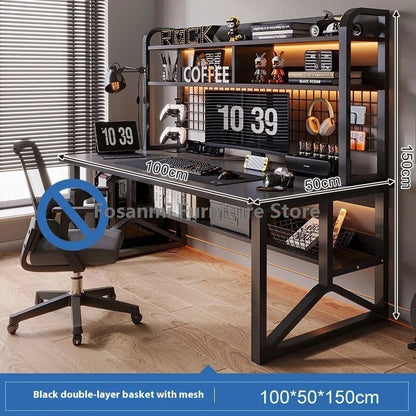 Black Wide Students Study Desk Modern Office Sturdy PC Desk with Shelf Y-Shaped Metal Frame Gaming Computer Table for Home Gamer