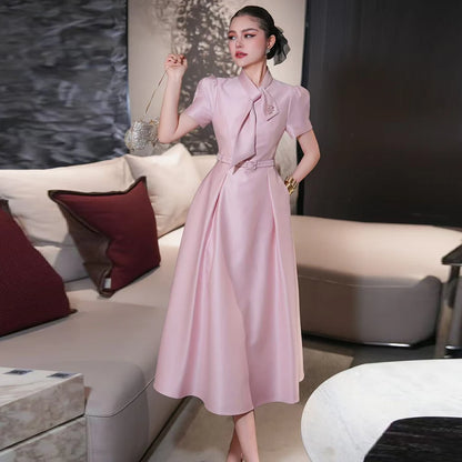 ZJYT Sweet Pink Bow Collar Dress for Women Short Sleeve Midi Formal Party Aline Vestidos Elegant Spring Summer Designer 2025 New