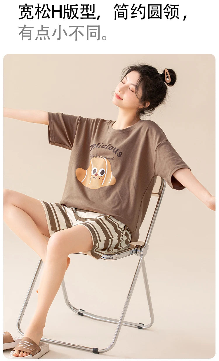 100% Pure Cotton Women Pajamas Summer Cartoon Print Pijamas Girls Nightwear Homewear Short Sleeve Sleepwear O-neck Loungewear