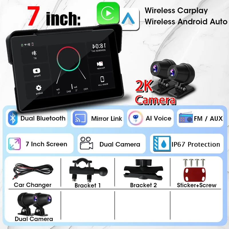Jansite 7 inch 2K Motorcycle Upgrade Module DVR Navigation GPS Wireless CarPlay Waterproof IPX7 TPMS Portable Smart Display Cam