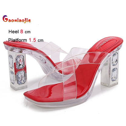 2025 Red High Heels 8cm Women Shoes Rhinestone Thick Heels Square Toe Ladies Pumps Cross Tie Straps Slippers Sandals Party Shoes