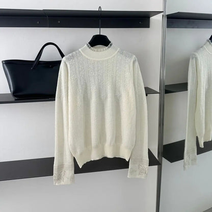 Women Clothes Autumn Winter Fashion Simplicity Lace Patchwork Knitting Half High Collar Female Solid Color Temperament Bottoming