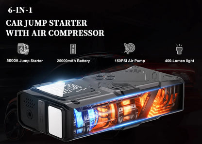 YINGBOOST Car Jump Starter with Air Pump Peak 5000A Booster &150PSI Tire Inflator with DC Power Cord Power Bank 400LM LED Light