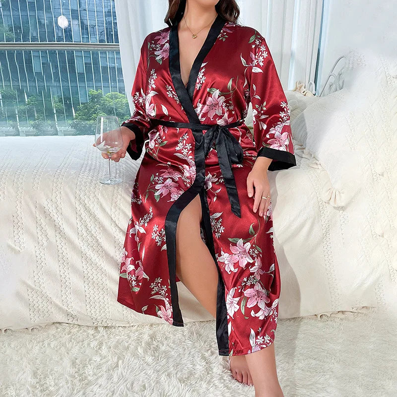 Plus Size Women's Satin Like Nightgown Fashion Long Maxi Sleep Dress100kg Floral Print Loose Fit Robe for Curvy Girls Loungewear