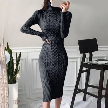 Autumn Winter Women Sweater Dresses Long Sleeve Turtleneck Dress Ladies Solid Color Knitted Bodycon Midi Dress Jumper Dresses