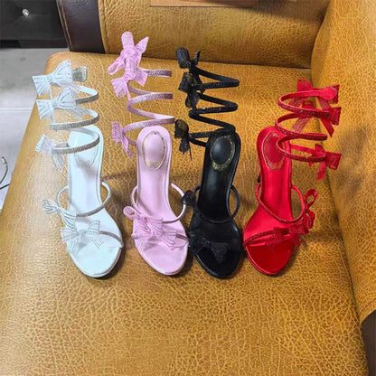 Luxury Rhinestones Mesh Bowknot Snake Coiled Women Gladiator Sandals Sexy Narrow band Thin High heels Summer Wedding Party Shoes