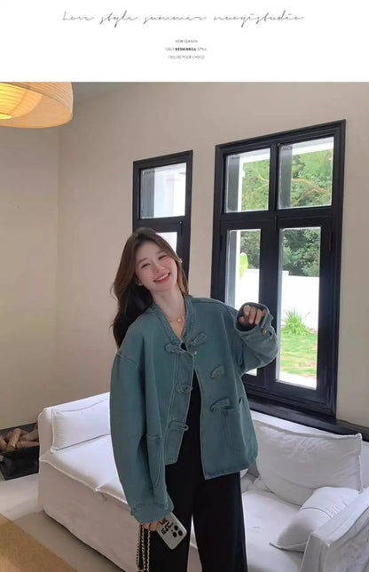Women Clothing Autumn Fashion Simplicity All-match Temperament Button Solid Color O-neck Female Chinese Style Denim Jacket Tops