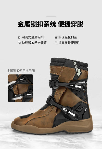 Retro Motorcycle Boots Cowhide Waterproof Mid-Calf Long riding Boots Men Women Riding Motocross Bota Motorbike Motocross Shoes