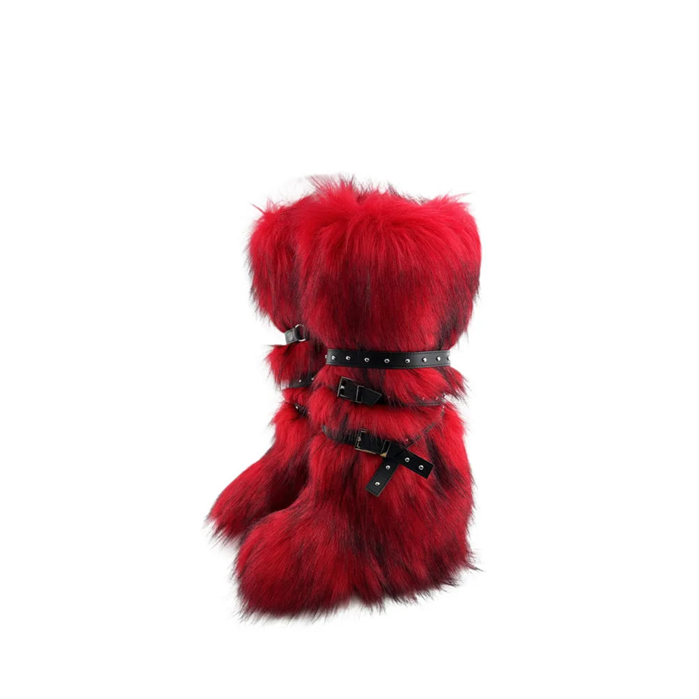 Faux Fur Knee-High Boot Round Toe Height Increasing Wild Winter Warmer Belt Buckle Slip-On Fashion Luxury Sexy Women Shoe Newest