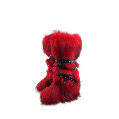 Faux Fur Knee-High Boot Round Toe Height Increasing Wild Winter Warmer Belt Buckle Slip-On Fashion Luxury Sexy Women Shoe Newest