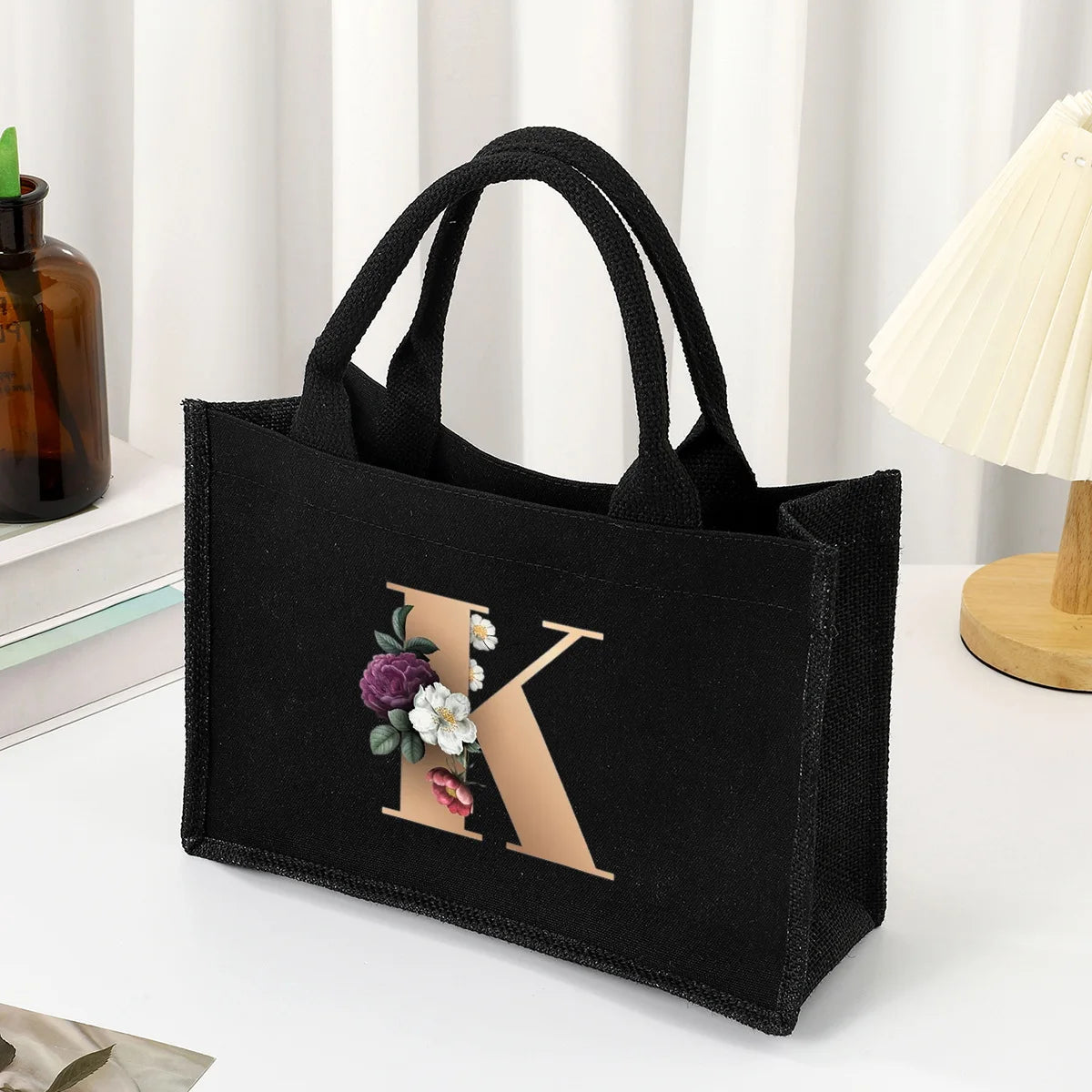Black hand-held canvas bag, 26 letter printed women's handbag, large capacity portable leisure beach bag, indoor waterproof