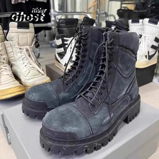Hole High-top Motorcycle Boots for Men Lace-up Do-the-old Thick Bottom Short Ankle Boots with Zipper Man Black Boots