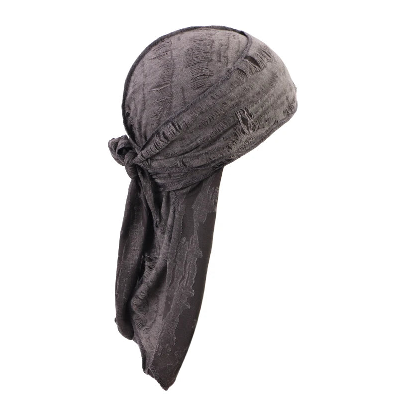 Durag Long Tail Cotton Ribbon Pirate Hat Scarf Retro Broken Hole Durag Chemo Caps Turban Hair Band Bandanas Headwrap