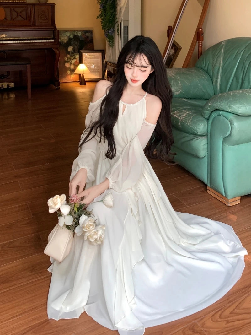 Off Shoulder Dresses for Women Long Sleeve Thin Spring Summer A-line Elegant Ins Girls Casual Solid Minimalist Fitness Beauty