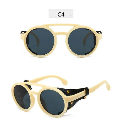 Steampunk Shields Sunglasses Men Women Classic SunGlasses With Side Leather Round Eyewear Pink UV400 Lens