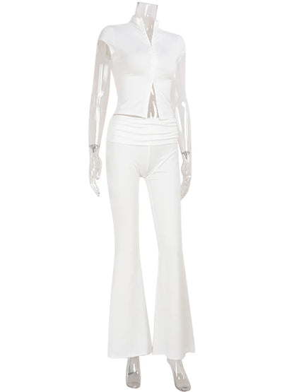 CNYISHE Lace Buckle Women Sets Fashion Cool Half High Collar Short Sleeve Sheath Chic Tees Solid Female Suits Trendy Sexy Pants
