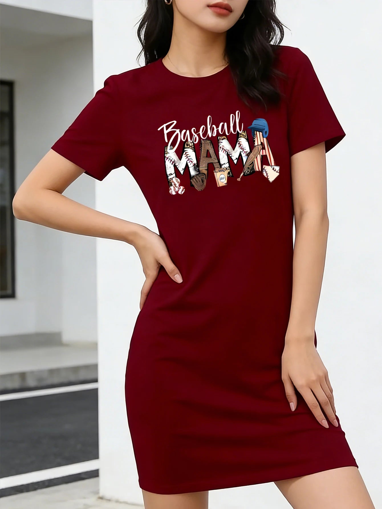 Baseball Mom Printed Ladies' Casual Short-Sleeved Dress, Round Neck Casual Wear, Suitable for All Seasons Casual Wearing