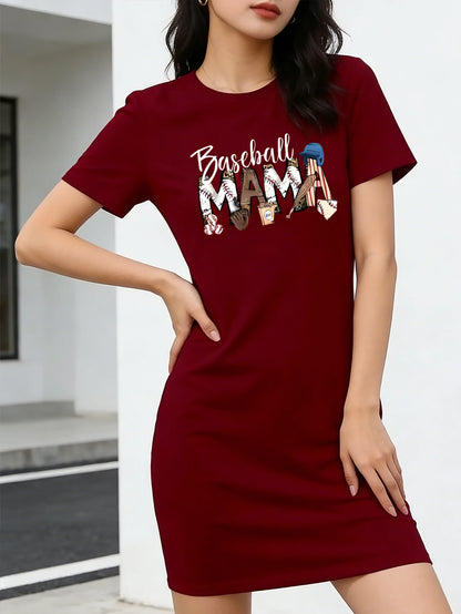 Baseball Mom Printed Ladies' Casual Short-Sleeved Dress, Round Neck Casual Wear, Suitable for All Seasons Casual Wearing