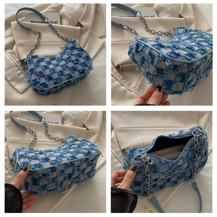 Women's Tote Bag with Star Pattern Blue Distressed Design, Golden-Tone Hardware, Stylish Handbag Shoulder Bag for Everyday Use