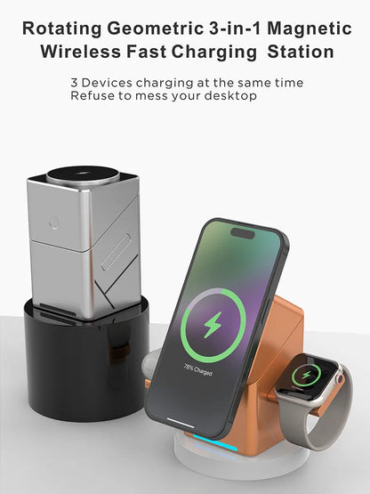 2025 Touch Auto-Rotating Qi2 3 in 1 Magnetic Wireless Charger Stand For iPhone Samsung Xiaomi OPPO 30W Fast Charging