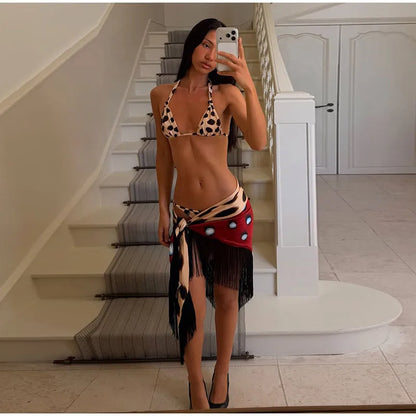 2026 Women Chic Vacation Outfits Fashion Leopard Print Sheer Chiffon Shirt Casual Turn-down Collar Mini Dress & Detachable Scarf