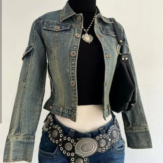 Y2K Light Blue Harajuku Sexy Slim Fit Denim Jacket Women Clothing  Goth Punk Collar Short Zip Up Jacket Multi Pockets Denim Coat