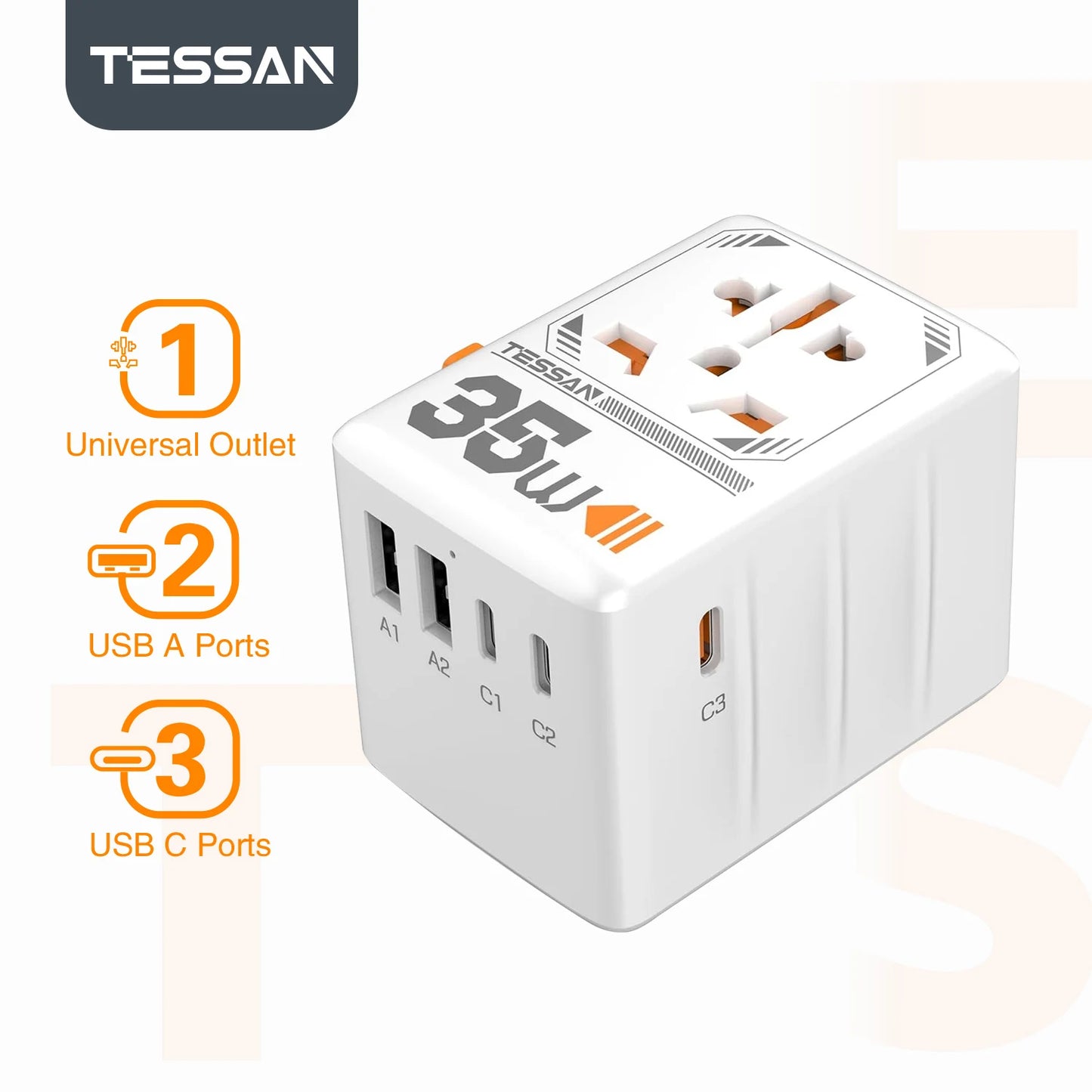 TESSAN International Plug Adaptor GaN Travel Adapter with Universal Outlet 1 USB A 3 Type C Fast Charger for EU/UK/USA/AUS