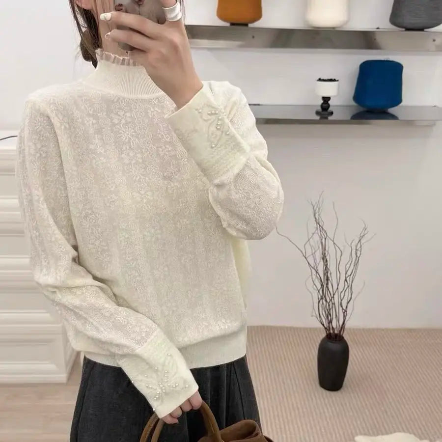 Women Clothes Autumn Winter Fashion Simplicity Lace Patchwork Knitting Half High Collar Female Solid Color Temperament Bottoming