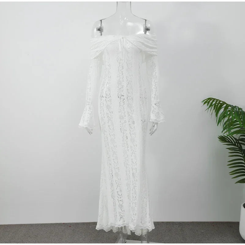 White Sexy Lace Flare Sleeve Dress Off Shoulder Slim Maxi Dresses Women 2024 Female Hollow Out Mermaid Floor Length Elegant Robe